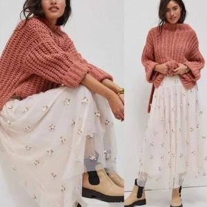 By Anthropologie Billie Textured Long Tulle Skirt with flower appliqués boho